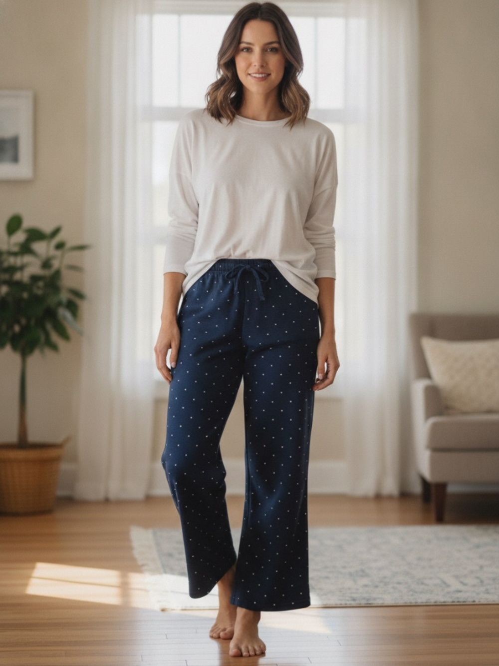 NWT navy blue with white polkadots fleece pants.
